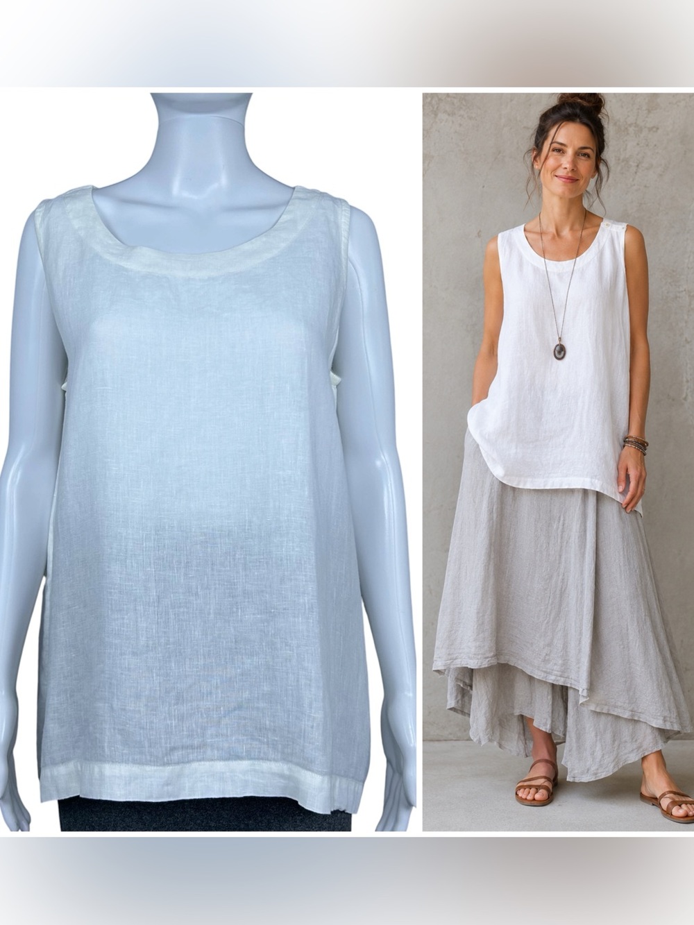 Eskandar 100% Linen Sleeveless Button Shell Tank Top Size 1 Medium Lagenlook